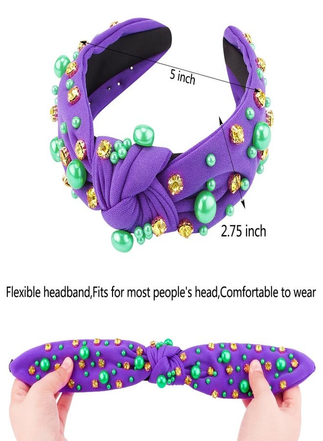 AHONEY Mardi Gras Headband for Women Girls Purple Green Gold Pearl Rhinestone Jeweled Knotted Cloth Hairband Carnival Wide Knot Head Band Mardi Gras Outfit for Women's Hair Accessories - Image 5